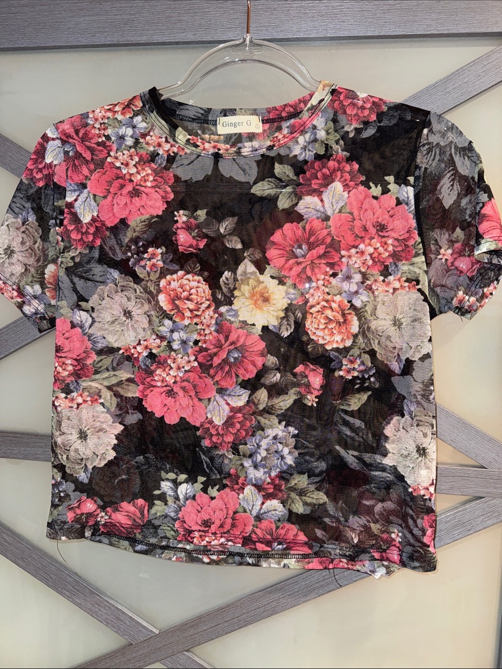 Ginger G Black Floral Short Sleeve Tee with Pink & Cream Blooms
